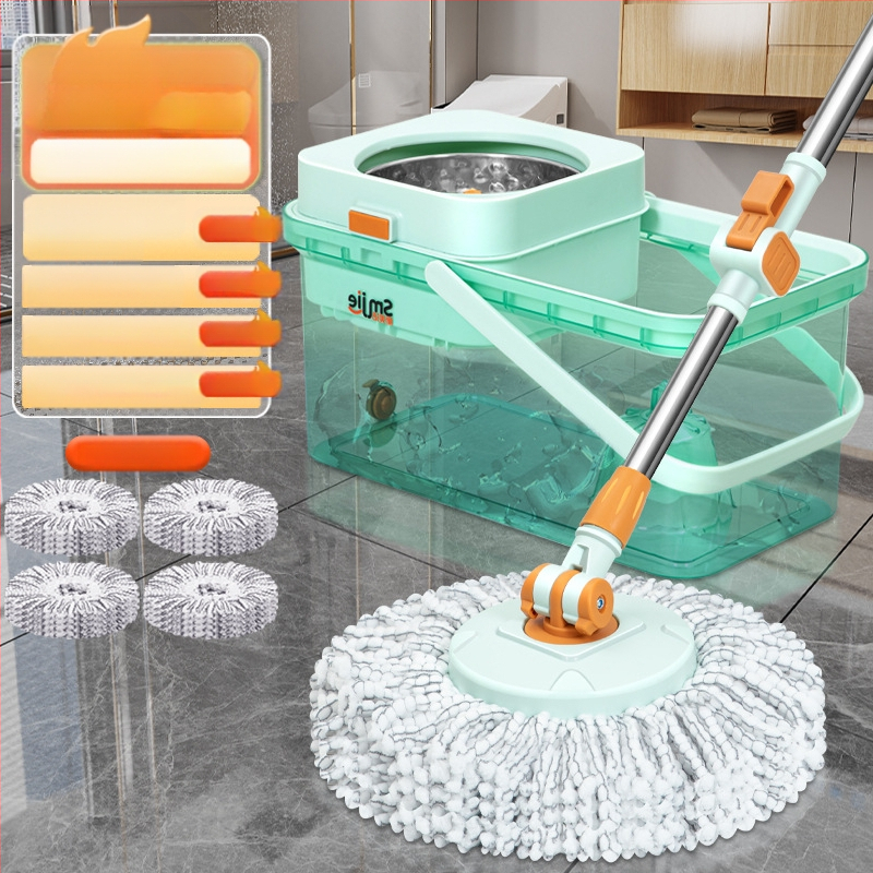 Qianhua forgó mop Kosárral – pamut fonalból készült mop, rozsdamentes acél rúd, egytengelyes hajtás, nedves és száraz használat, mop vödör készlet