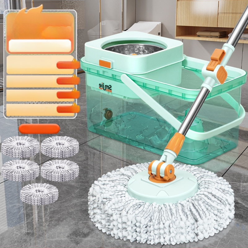 Qianhua forgó mop Kosárral – pamut fonalból készült mop, rozsdamentes acél rúd, egytengelyes hajtás, nedves és száraz használat, mop vödör készlet