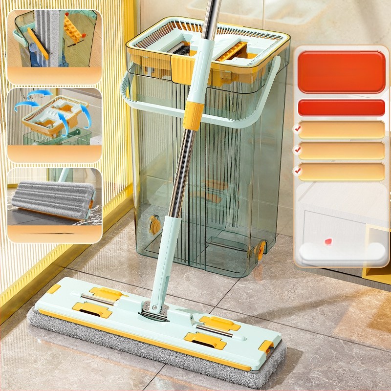 Qianhua forgó mop Kosárral – pamut fonalból készült mop, rozsdamentes acél rúd, egytengelyes hajtás, nedves és száraz használat, mop vödör készlet