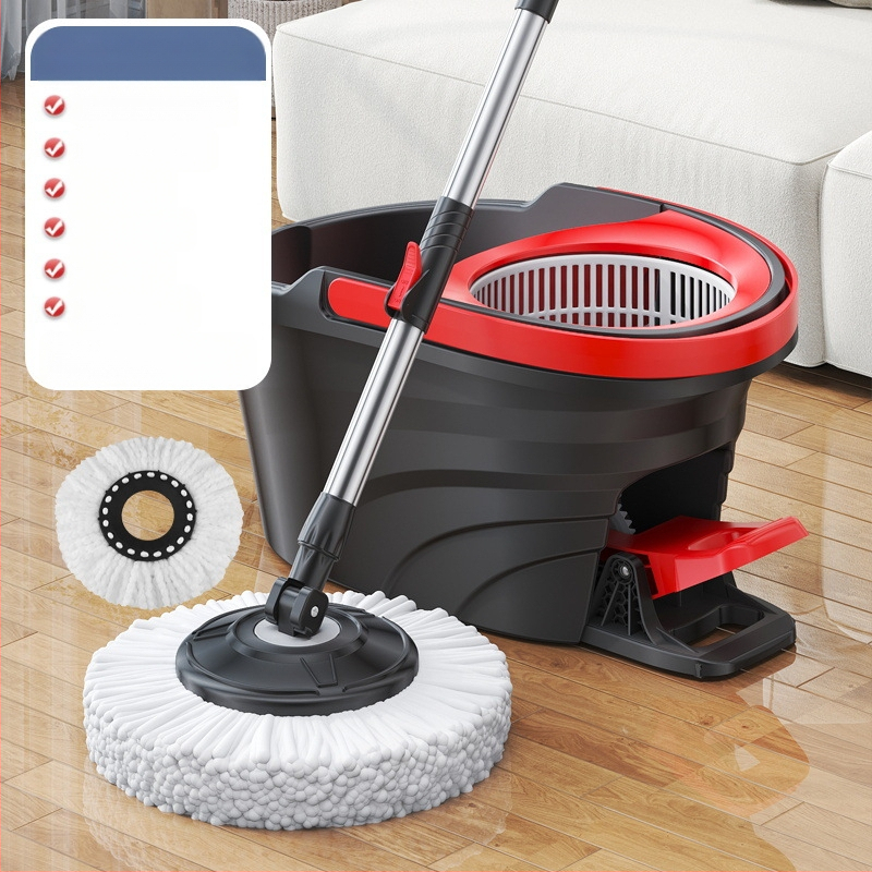 Qianhua forgó mop Kosárral – pamut fonalból készült mop, rozsdamentes acél rúd, egytengelyes hajtás, nedves és száraz használat, mop vödör készlet