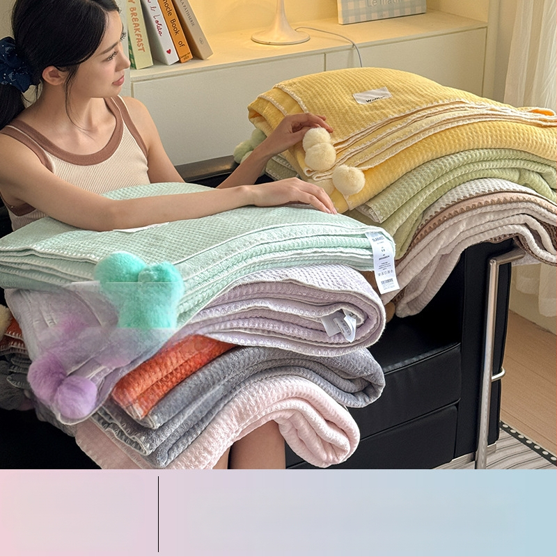 Pătură cu textură de vafă, dublu strat, pentru birou, pat și canapea – utilizare pe tot anul, 500–800 g poliester, model solid, stil modern minimalist