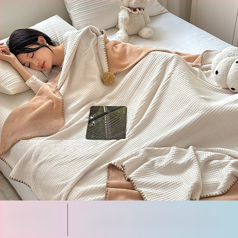 Pătură cu textură de vafă, dublu strat, pentru birou, pat și canapea – utilizare pe tot anul, 500–800 g poliester, model solid, stil modern minimalist