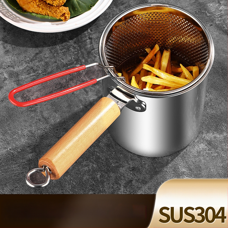 Nerūdijančio plieno fritūrinė keptuvė su filtru ir medine rankena, gili puodai su karšytu stiklo dangteliu, talpa 2,8–3 L, daugiafunkcinis virimui makaronų ir pieno, kepimui šašlykų