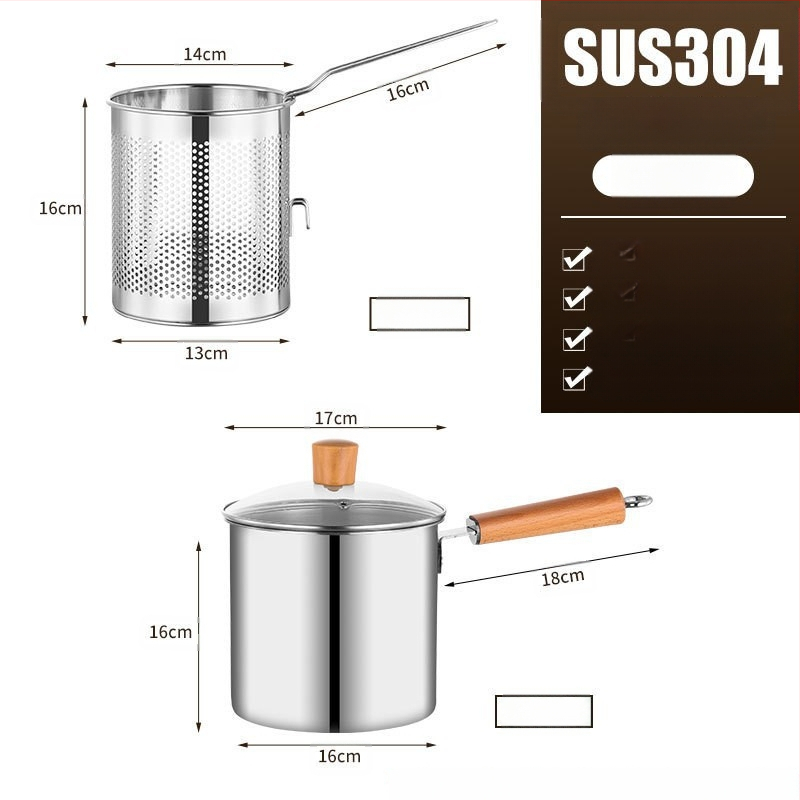 Nerūdijančio plieno fritūrinė keptuvė su filtru ir medine rankena, gili puodai su karšytu stiklo dangteliu, talpa 2,8–3 L, daugiafunkcinis virimui makaronų ir pieno, kepimui šašlykų
