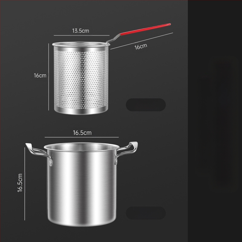 Nerūdijančio plieno fritūrinė keptuvė su filtru ir medine rankena, gili puodai su karšytu stiklo dangteliu, talpa 2,8–3 L, daugiafunkcinis virimui makaronų ir pieno, kepimui šašlykų