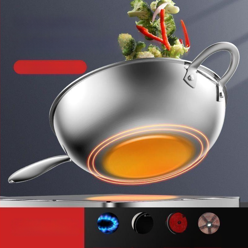 Nerūdijančio plieno wok su stiklo dangčiu, nelipus, su vienu dugnu, tinkamas bendrosioms viryklėms.