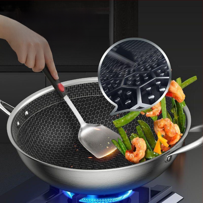 Nerūdijančio plieno wok su stiklo dangčiu, nelipus, su vienu dugnu, tinkamas bendrosioms viryklėms.