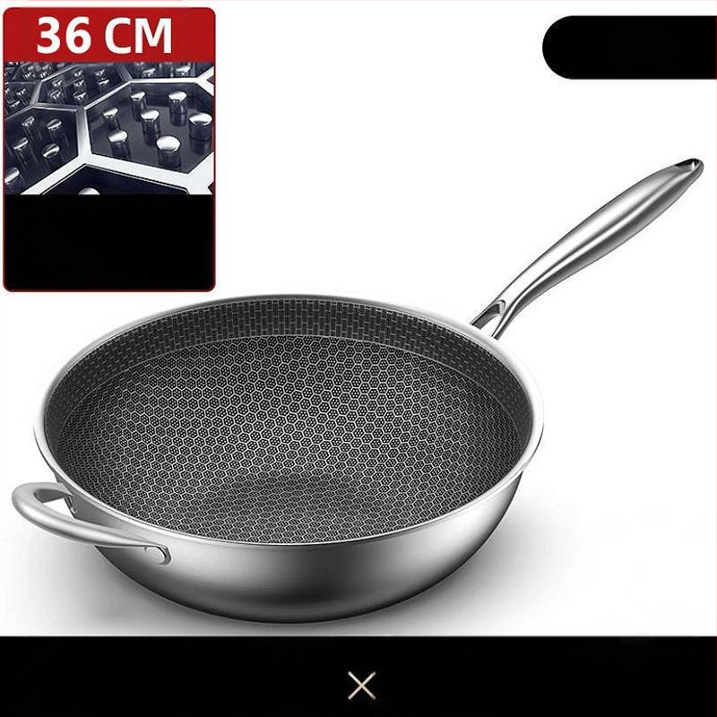 Nerūdijančio plieno wok su stiklo dangčiu, nelipus, su vienu dugnu, tinkamas bendrosioms viryklėms.