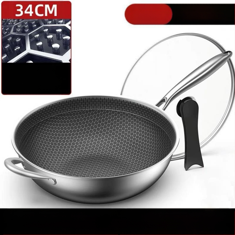 Nerūdijančio plieno wok su stiklo dangčiu, nelipus, su vienu dugnu, tinkamas bendrosioms viryklėms.