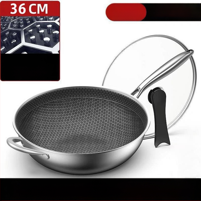 Nerūdijančio plieno wok su stiklo dangčiu, nelipus, su vienu dugnu, tinkamas bendrosioms viryklėms.