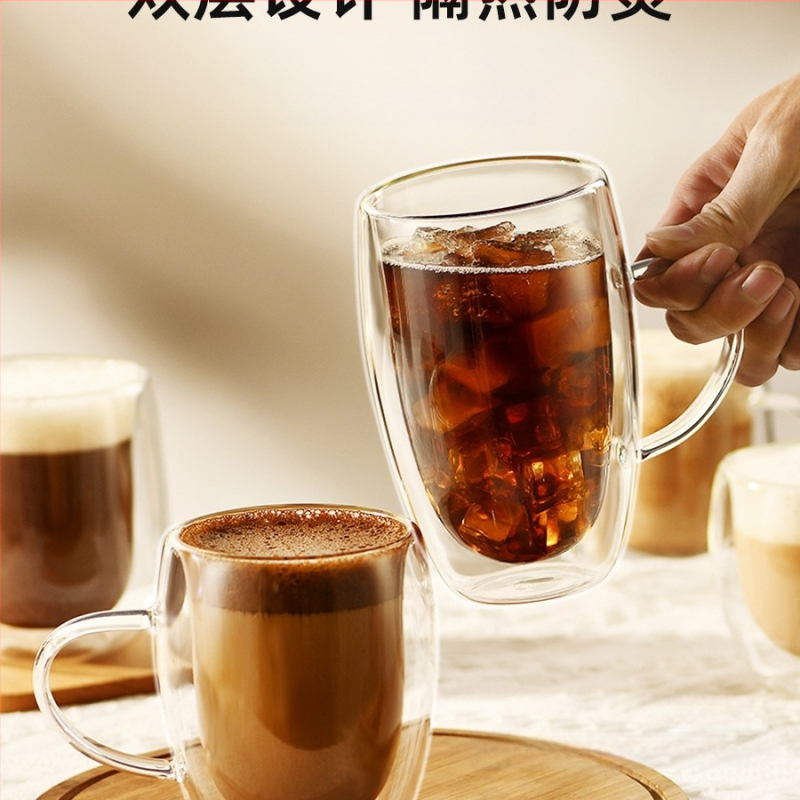Dvigubo sienelių stiklinė kavos puodelis su rankena — izoliacinė, atspari aukštai temperatūrai, tinkama arbatai ir kavai