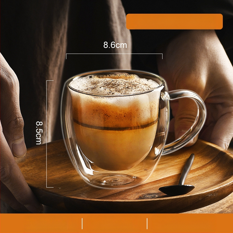 Dvigubo sienelių stiklinė kavos puodelis su rankena — izoliacinė, atspari aukštai temperatūrai, tinkama arbatai ir kavai