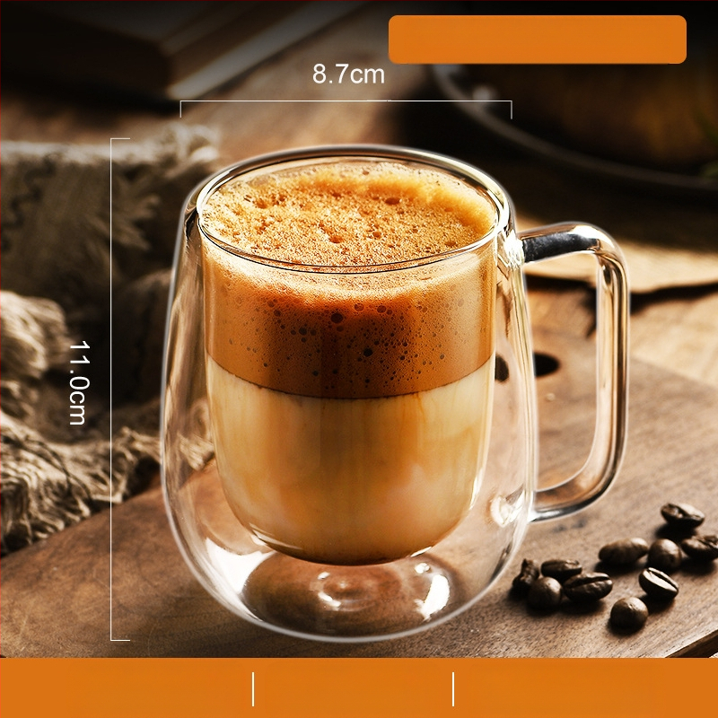 Dvigubo sienelių stiklinė kavos puodelis su rankena — izoliacinė, atspari aukštai temperatūrai, tinkama arbatai ir kavai