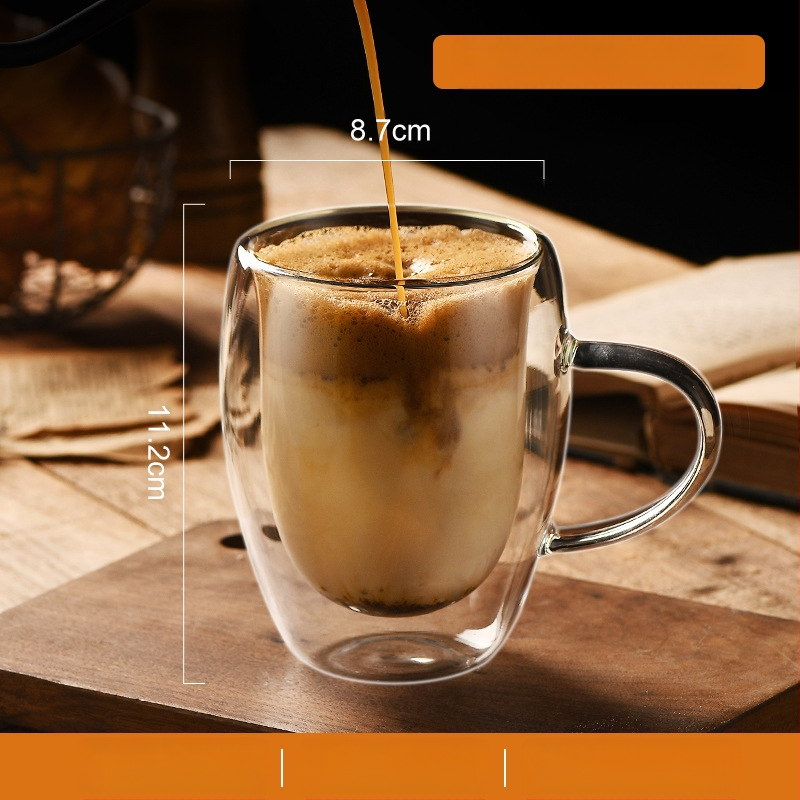 Dvigubo sienelių stiklinė kavos puodelis su rankena — izoliacinė, atspari aukštai temperatūrai, tinkama arbatai ir kavai