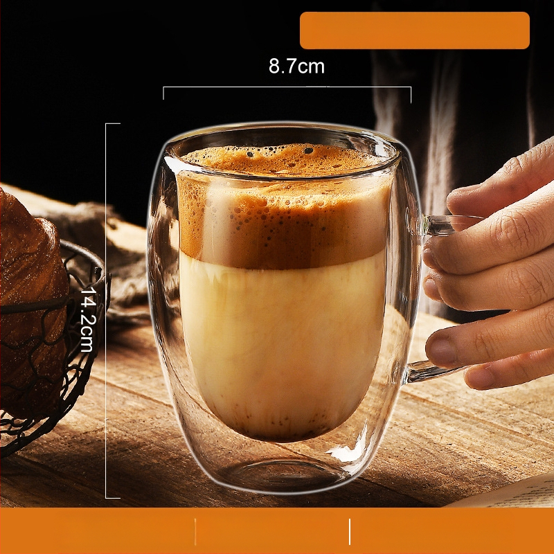Dvigubo sienelių stiklinė kavos puodelis su rankena — izoliacinė, atspari aukštai temperatūrai, tinkama arbatai ir kavai