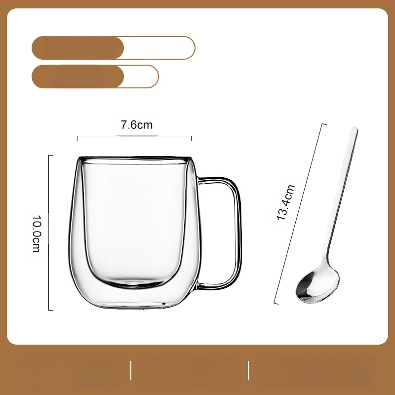 Dvigubo sienelių stiklinė kavos puodelis su rankena — izoliacinė, atspari aukštai temperatūrai, tinkama arbatai ir kavai