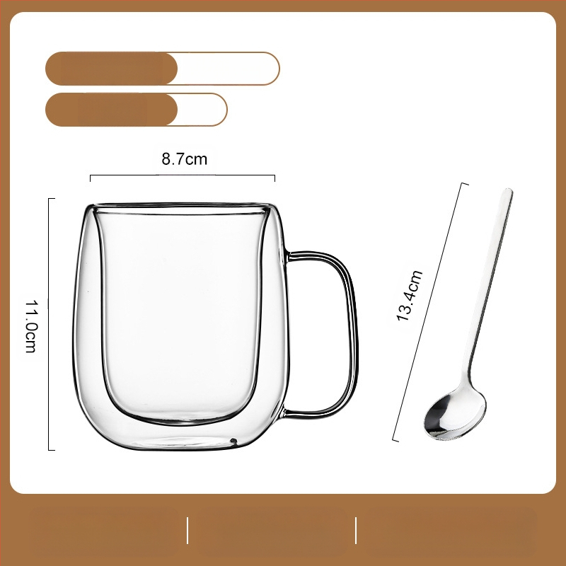 Dvigubo sienelių stiklinė kavos puodelis su rankena — izoliacinė, atspari aukštai temperatūrai, tinkama arbatai ir kavai