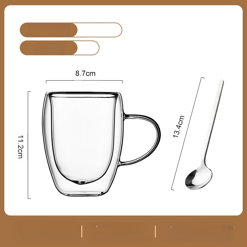 Dvigubo sienelių stiklinė kavos puodelis su rankena — izoliacinė, atspari aukštai temperatūrai, tinkama arbatai ir kavai