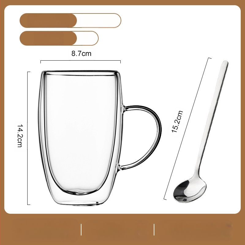 Dvigubo sienelių stiklinė kavos puodelis su rankena — izoliacinė, atspari aukštai temperatūrai, tinkama arbatai ir kavai