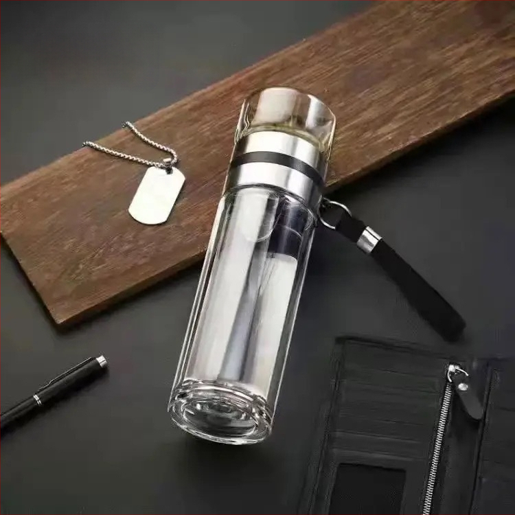 Stiklinė izoliuota arbatos taurelė su atskyrimu arbata-vanduo, su rankena, nešiojama