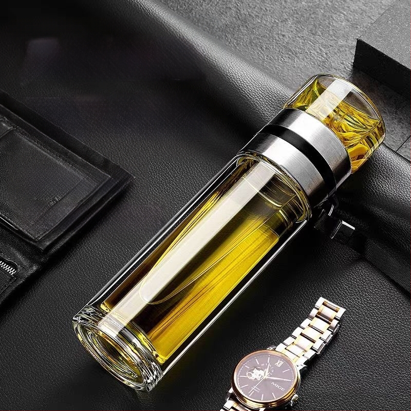 Stiklinė izoliuota arbatos taurelė su atskyrimu arbata-vanduo, su rankena, nešiojama