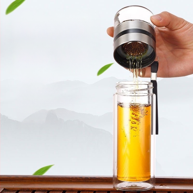 Stiklinė izoliuota arbatos taurelė su atskyrimu arbata-vanduo, su rankena, nešiojama