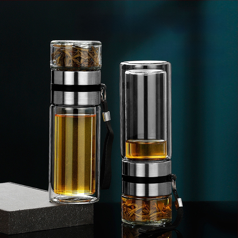 Stiklinė izoliuota arbatos taurelė su atskyrimu arbata-vanduo, su rankena, nešiojama