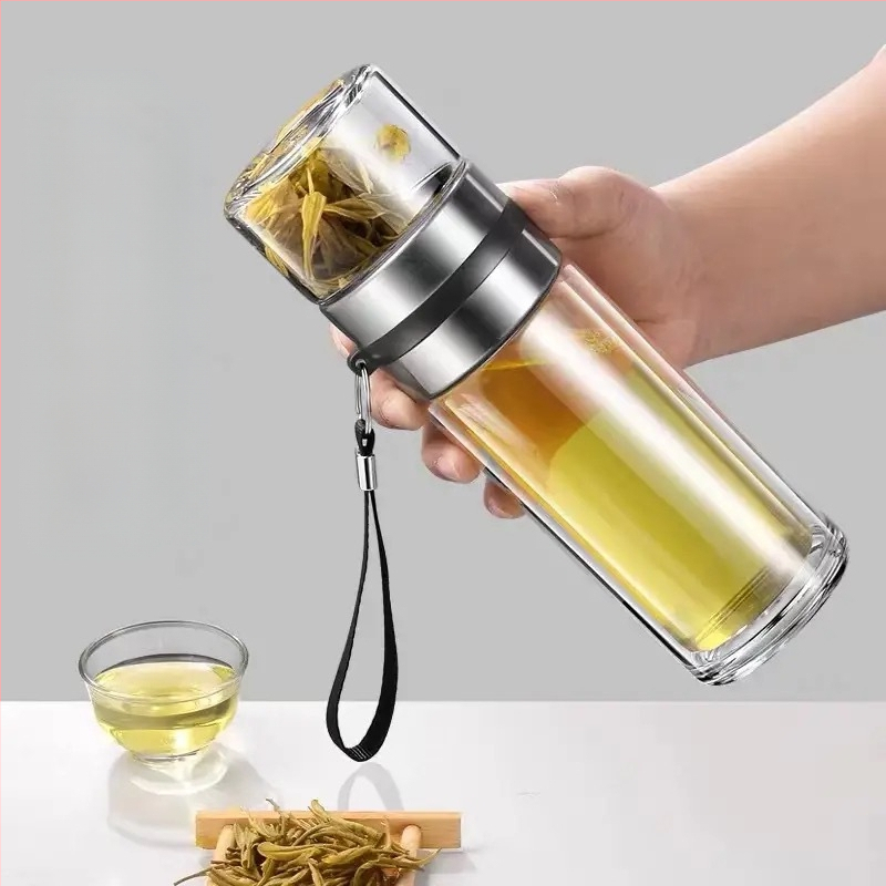 Stiklinė izoliuota arbatos taurelė su atskyrimu arbata-vanduo, su rankena, nešiojama