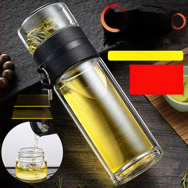 Stiklinė izoliuota arbatos taurelė su atskyrimu arbata-vanduo, su rankena, nešiojama