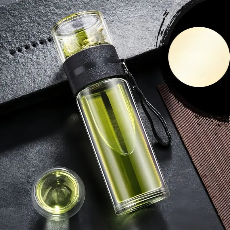 Stiklinė izoliuota arbatos taurelė su atskyrimu arbata-vanduo, su rankena, nešiojama