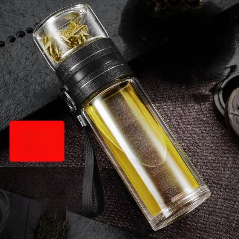 Stiklinė izoliuota arbatos taurelė su atskyrimu arbata-vanduo, su rankena, nešiojama