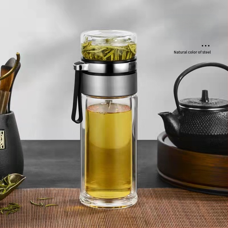 Stiklinė izoliuota arbatos taurelė su atskyrimu arbata-vanduo, su rankena, nešiojama