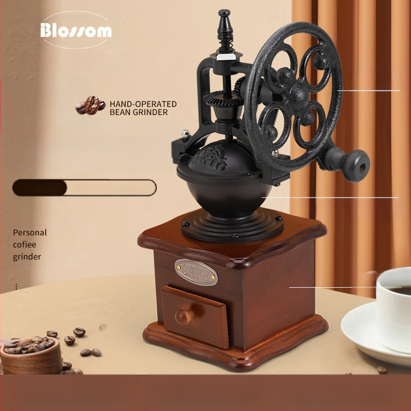 Bochen nešiojamas rankinis kavos malūnėlis su OEM palaikymu, spausdintas logotipas, pritaikomas apdorojimas, šviesus prabangos retro stilius