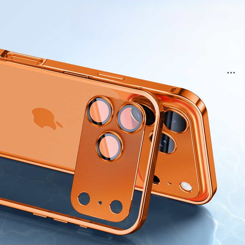 Kovový rámový kryt na iPhone s ochranou objektívu; kompatibilný s iPhone 17 Pro Max a 16 Pro; materiál: kov; spracovanie: horúce ohýbanie; funkcie: odolný voči nárazom, odvádza teplo, proti otlačkom prstov.