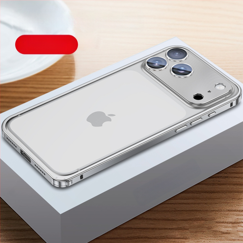 Kovový rámový kryt na iPhone s ochranou objektívu; kompatibilný s iPhone 17 Pro Max a 16 Pro; materiál: kov; spracovanie: horúce ohýbanie; funkcie: odolný voči nárazom, odvádza teplo, proti otlačkom prstov.