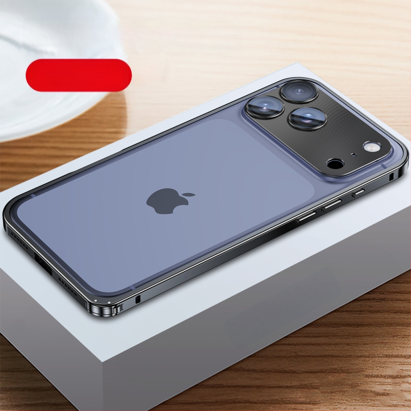 Kovový rámový kryt na iPhone s ochranou objektívu; kompatibilný s iPhone 17 Pro Max a 16 Pro; materiál: kov; spracovanie: horúce ohýbanie; funkcie: odolný voči nárazom, odvádza teplo, proti otlačkom prstov.