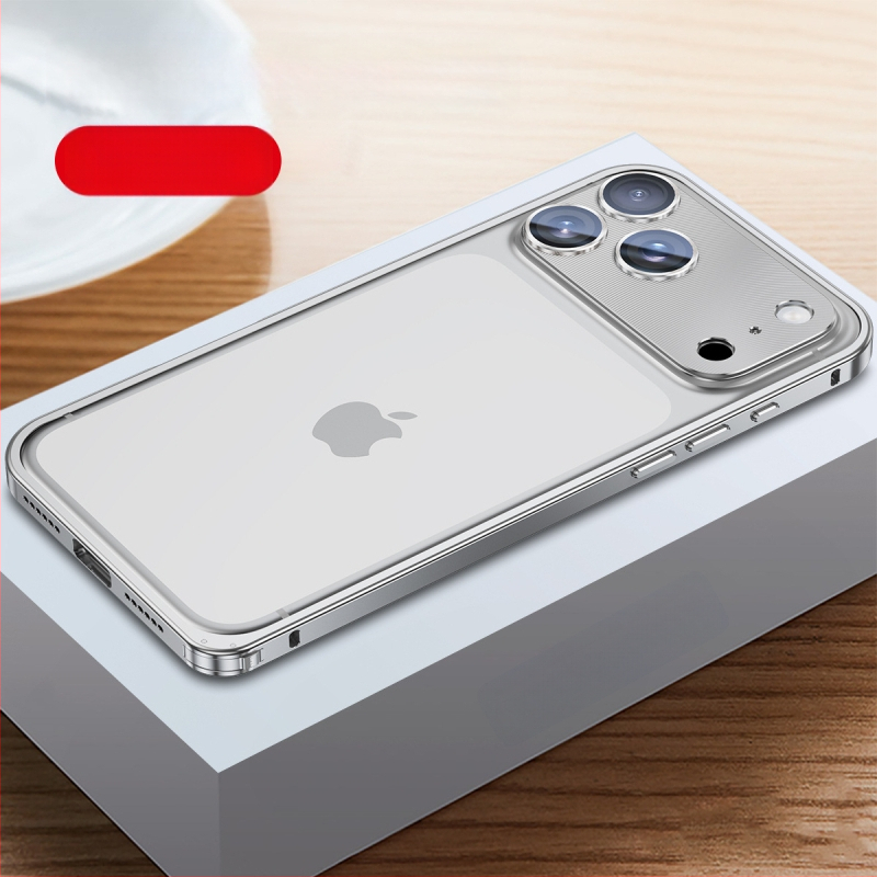 Kovový rámový kryt na iPhone s ochranou objektívu; kompatibilný s iPhone 17 Pro Max a 16 Pro; materiál: kov; spracovanie: horúce ohýbanie; funkcie: odolný voči nárazom, odvádza teplo, proti otlačkom prstov.