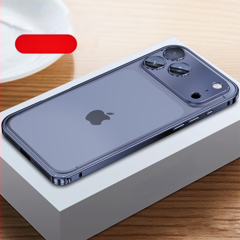Kovový rámový kryt na iPhone s ochranou objektívu; kompatibilný s iPhone 17 Pro Max a 16 Pro; materiál: kov; spracovanie: horúce ohýbanie; funkcie: odolný voči nárazom, odvádza teplo, proti otlačkom prstov.