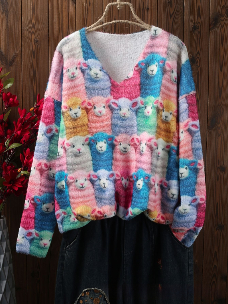 Γυναικείο πουλόβερ με V-λαιμό, ζωικό μοτίβο, πολυεστέρας, μέτριο πάχος, χαλαρή γραμμή, Φθινόπωρο 2024