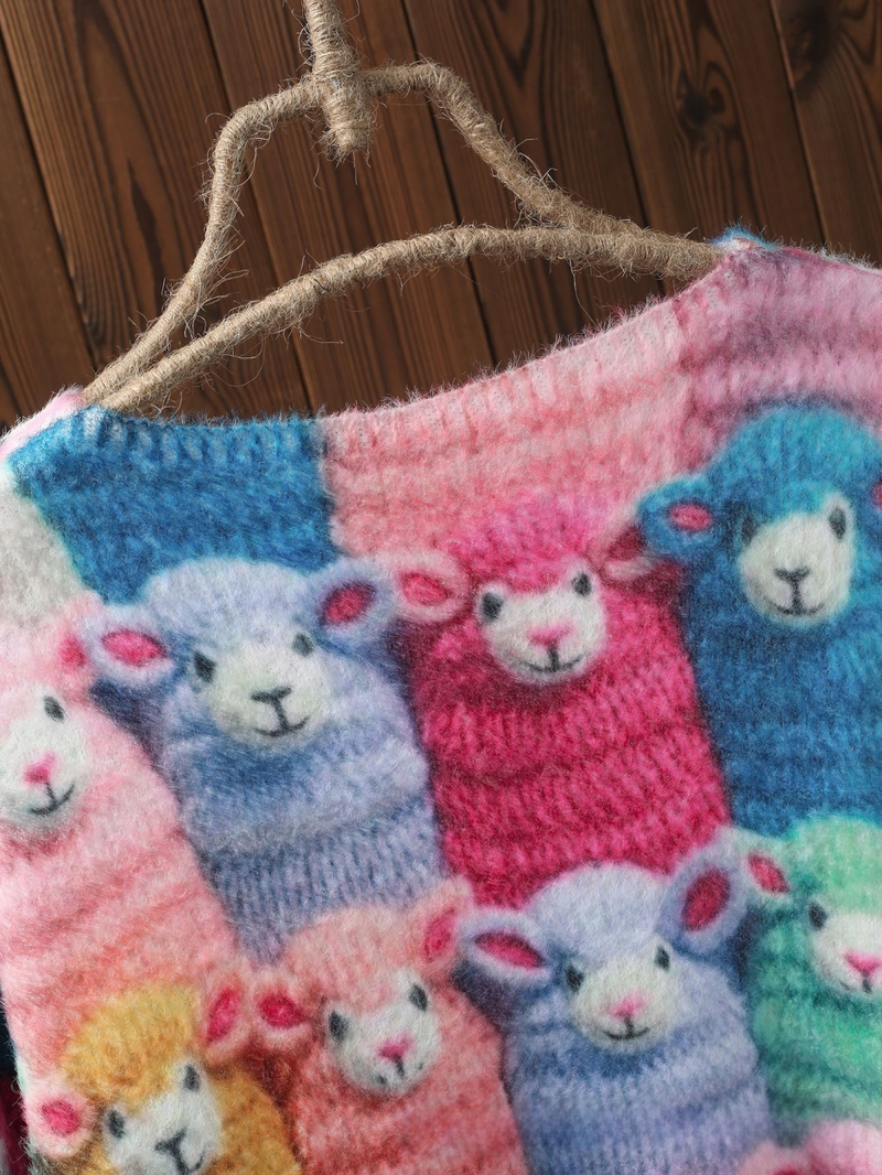 Γυναικείο πουλόβερ με V-λαιμό, ζωικό μοτίβο, πολυεστέρας, μέτριο πάχος, χαλαρή γραμμή, Φθινόπωρο 2024