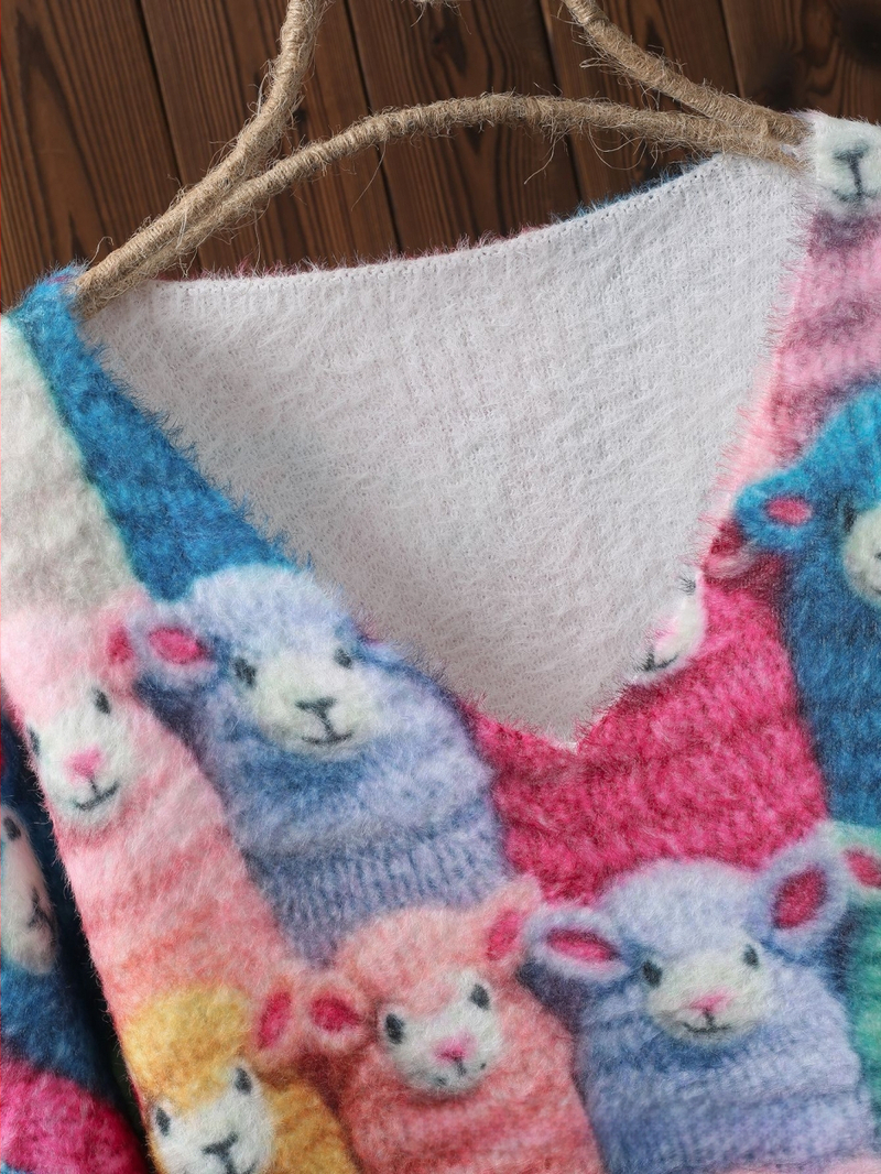 Γυναικείο πουλόβερ με V-λαιμό, ζωικό μοτίβο, πολυεστέρας, μέτριο πάχος, χαλαρή γραμμή, Φθινόπωρο 2024