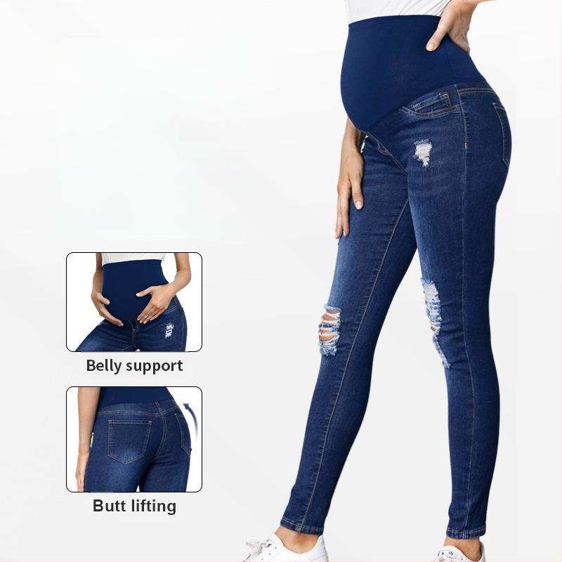Дънкови панталони за бременни, висока талия и подпомагане на корема, разкъсани детайли, средна плътност деним, тясна кройка