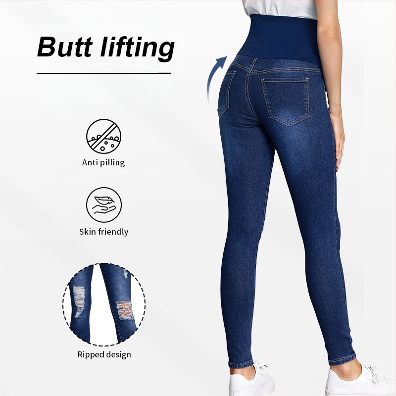 Дънкови панталони за бременни, висока талия и подпомагане на корема, разкъсани детайли, средна плътност деним, тясна кройка