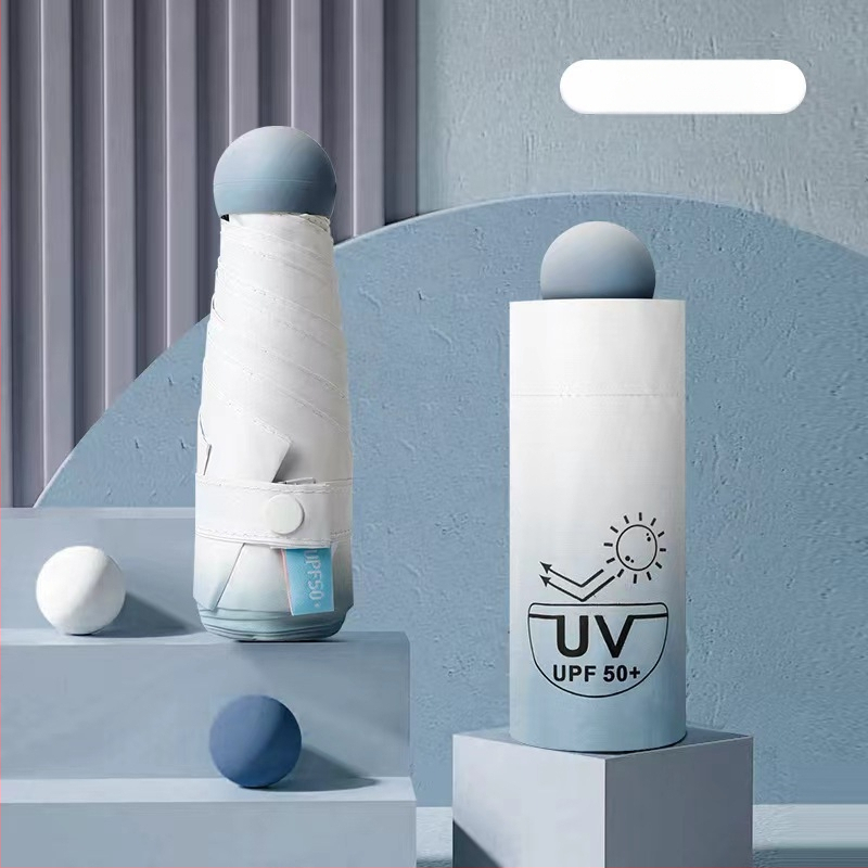 Umbrelă mini cu 5 segmente, ultraușoară, deschidere manuală, 6 brațe din fibră, tijă din aliaj, material țesătură 210T, UPF peste 50