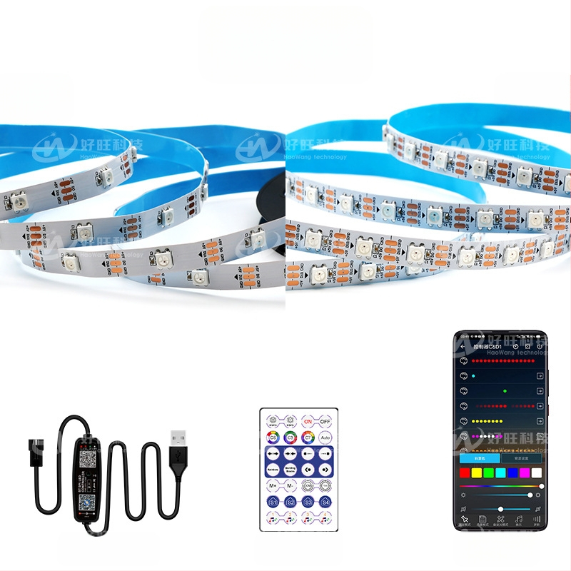 RGB LED лента с магически цветове, USB 5V захранване, управление чрез Bluetooth приложение, 30/60 LED на метър, водоустойчива