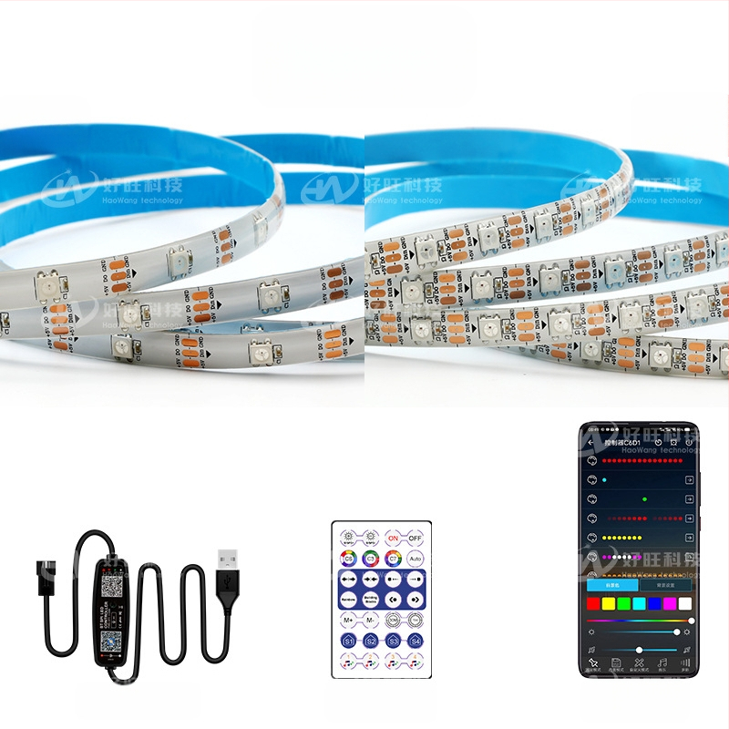 RGB LED лента с магически цветове, USB 5V захранване, управление чрез Bluetooth приложение, 30/60 LED на метър, водоустойчива