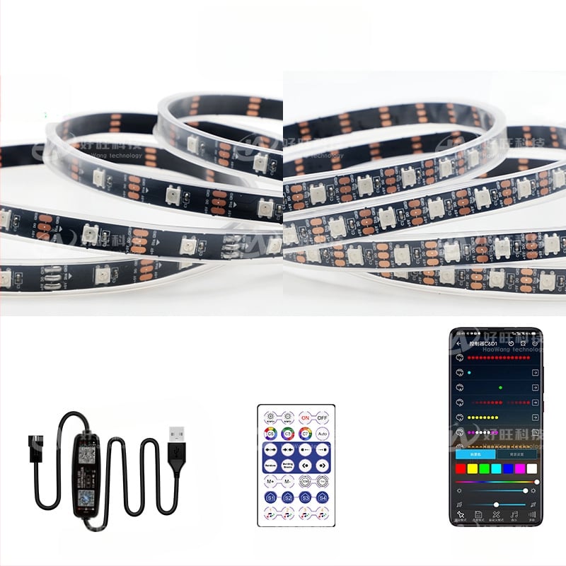 RGB LED лента с магически цветове, USB 5V захранване, управление чрез Bluetooth приложение, 30/60 LED на метър, водоустойчива