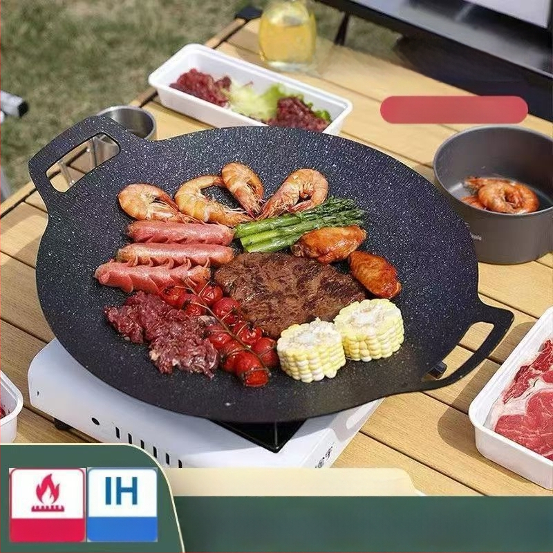 Teppanyaki grill tiganj od lijevanog željeza s Maifan kamenom, za kazetnu ploču, premaz protiv prijanjanja, okruglog oblika