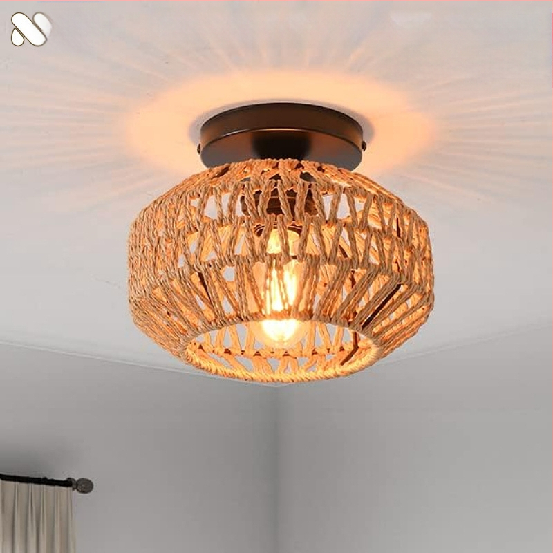 Lampă de plafon boho minimalistă cu abajur din răchită pentru hol și living; LED, tensiune scăzută ≤36V, acoperire 15–30㎡, corp metalic