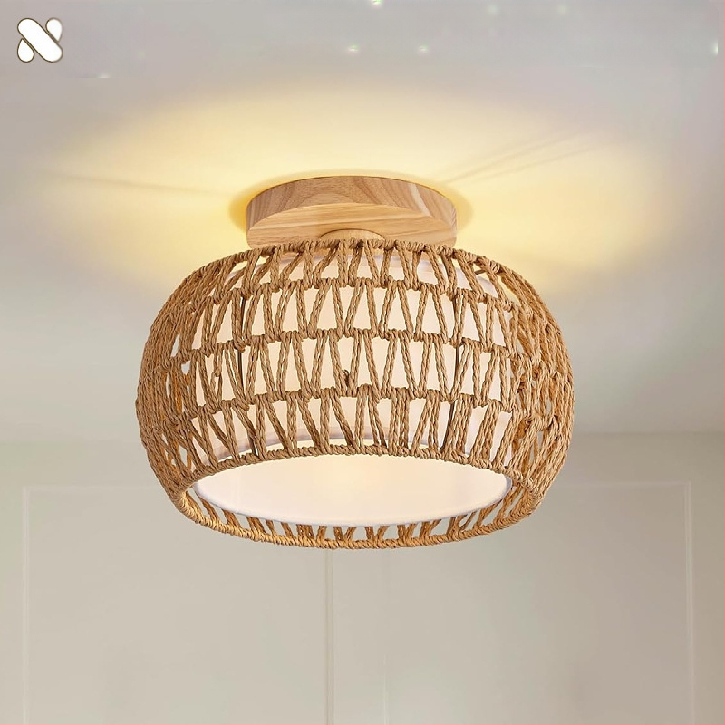 Lampă de plafon boho minimalistă cu abajur din răchită pentru hol și living; LED, tensiune scăzută ≤36V, acoperire 15–30㎡, corp metalic